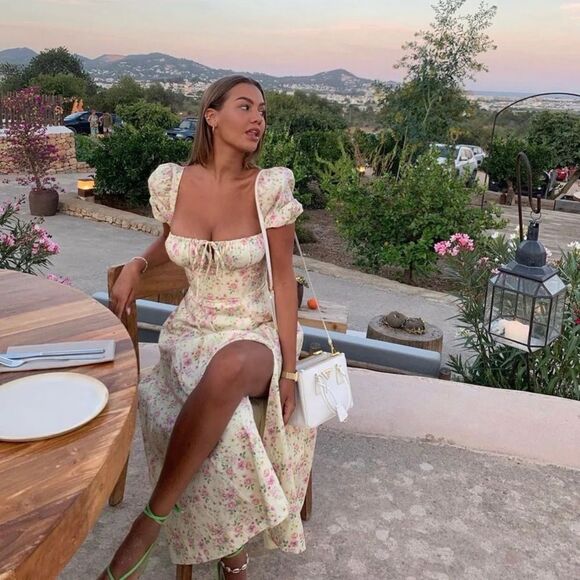 House of CB Puff Sleeve Midi Sundress XS - Garden Print Cream Green - Picture 3 of 8